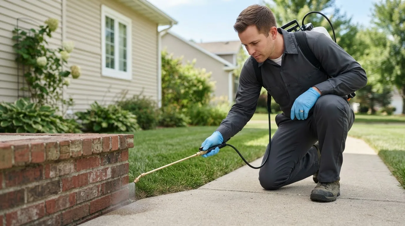 Pest control technician treating a home near New Salem, MA